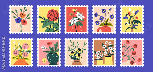 Set of postage stamp designs with flowers in vases. Post stickers templates with wildflowers and blooming plants. Floral postmarks with bouquets in ceramic and glass pots. Flat vector illustrations