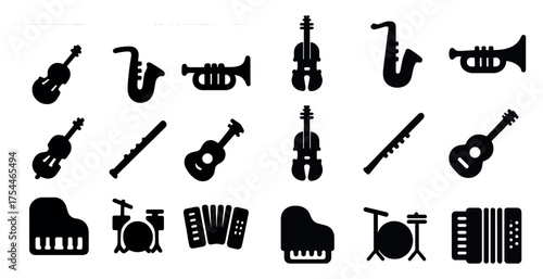Musical instruments solid icons set – filled, silhouette, orchestra and band symbols