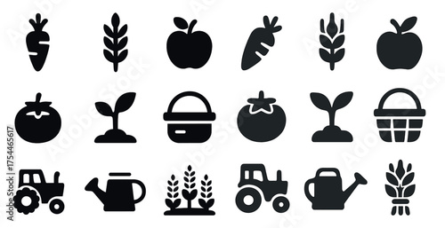 Gardening and farming icons set – silhouette, solid, agriculture and harvest tools