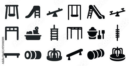 Playground equipment solid icons set – filled, fun, outdoor activity symbols