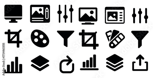 Graphic design solid icons set – tools, editing, creative elements collection