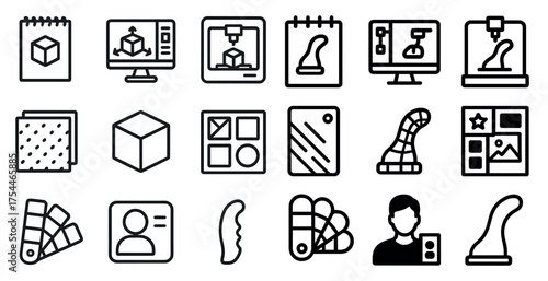 3d printing outline icons set – line, linear, manufacturing and design elements