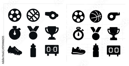 Sports and fitness solid icons set – flat, filled, athletic and exercise symbols