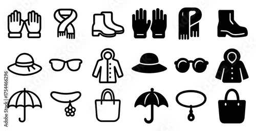 Winter clothing silhouette icons set – warm apparel, accessories, fashion symbols