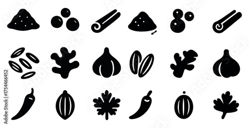 Spice and herb silhouette icons set – flat, filled, cooking and kitchen symbols