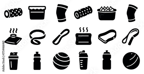 Fitness equipment silhouette icons set – solid, gym, workout symbols