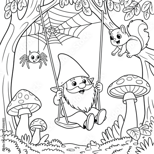 Charming gnome swinging in a forest scene with spider squirrel and mushrooms vector illustration for eps download silhouette White background