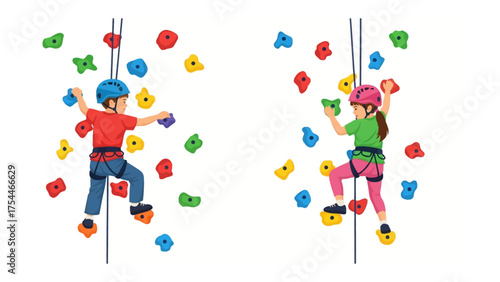 Climbing Adventure: A vivid depiction of two young individuals embracing the thrill of rock climbing, ascending colorful holds against the backdrop of a vibrant wall. 