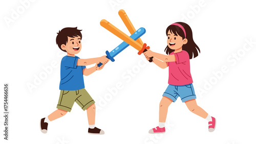 Playful Clash: Two children engage in a spirited sword fight, their faces lit with joy as they brandish colorful toy swords. A scene capturing youthful energy and imagination.