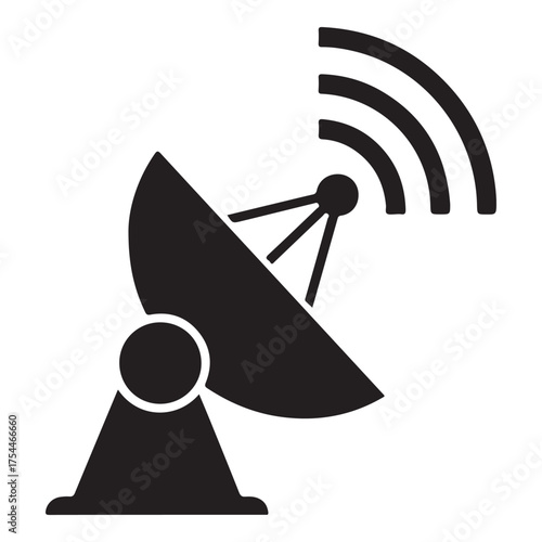 Silhouette of a satellite dish antenna transmitting signal, ideal for representing communication, broadcasting, and technology isolated on white background