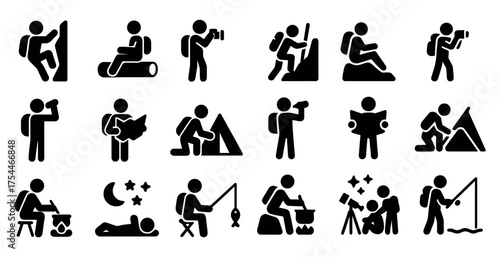 Adventure and hiking solid icons set – camping, outdoor, recreation symbols