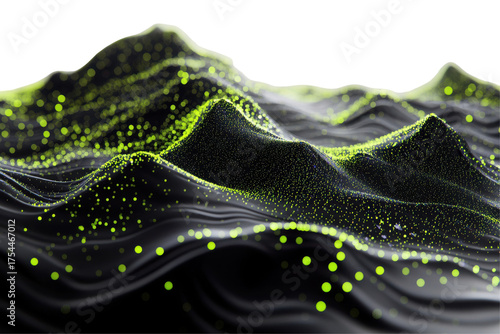 Abstract glowing digital mountain landscape with data points isolated on transparent background. Green dots and lines creating a wave pattern on the surface of mountains, 3D rendering.