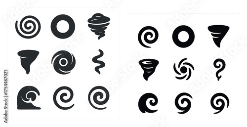 Weather and nature outline icons set – solid, silhouette, storm and wind symbols