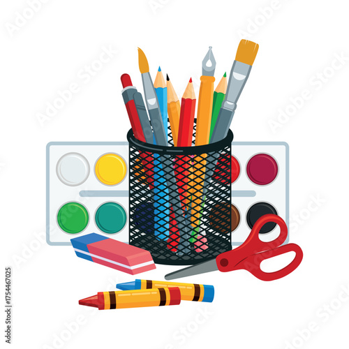 School and Art supplies icon set vector isolated on white background. Art and Craft Equipment icons. Black mesh pen holder with crayon, brush, pencil vector. Watercolor paints, eraser, scissors