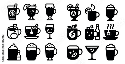 Cocktail and beverage solid icons set – filled, drinks, bar symbol collection