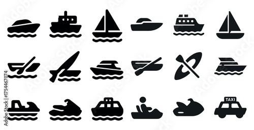 Boating and sailing icons set – silhouette, solid, nautical and marine symbols