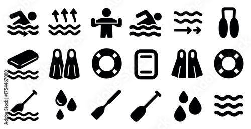Swimming solid icons set – flat, filled, pool and water sport symbols