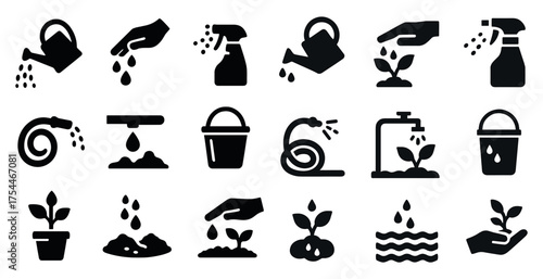 Gardening solid icons set – filled, silhouette, plant care and watering symbols