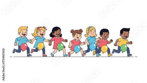 Joyful Race with Balloons: A group of diverse children dashes forward in a lively game, each clutching a vibrant balloon, their faces alight with excitement and anticipation.