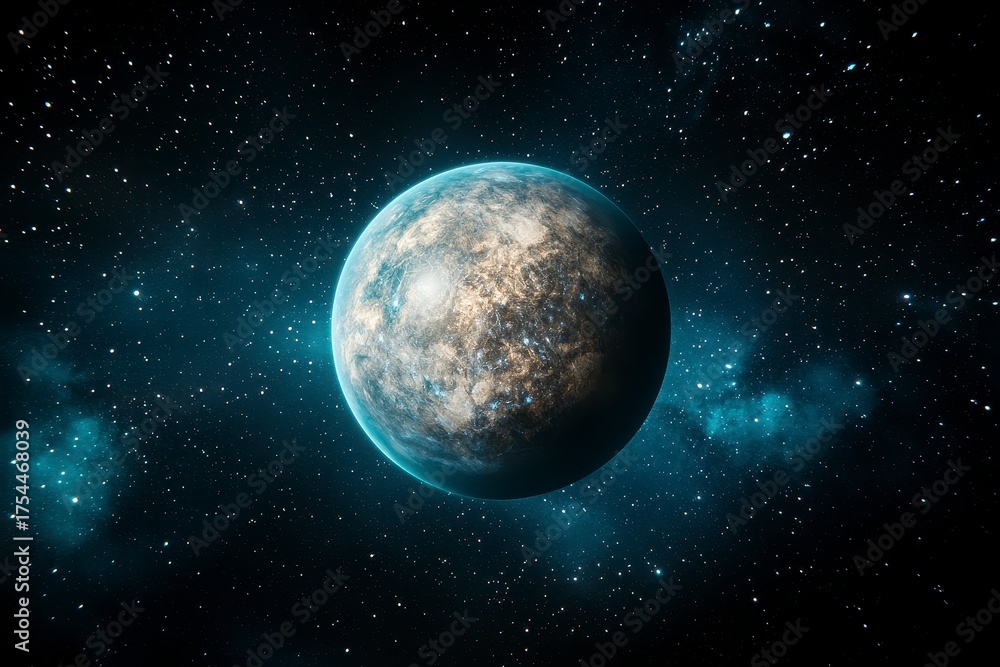 Naklejka premium Digital Rendering of a Textured Planet in a Starry Night Sky