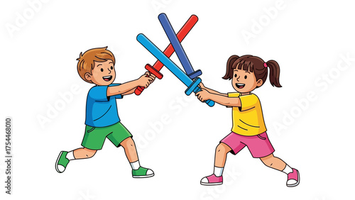 Playful Duel: Two children engage in a spirited game of mock combat with colorful toy swords. The vibrant scene radiates energy, capturing the essence of childhood joy and imaginative play.
