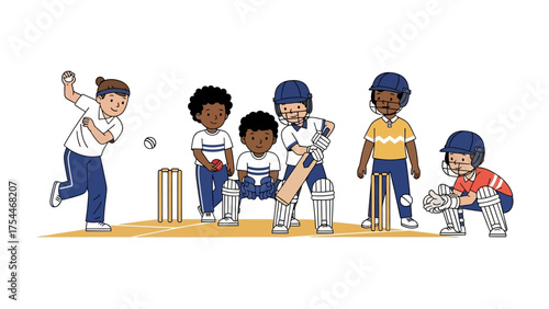 Cricket Match: A group of diverse children play cricket, showcasing a moment of active play and team collaboration, capturing the spirit of sportsmanship.