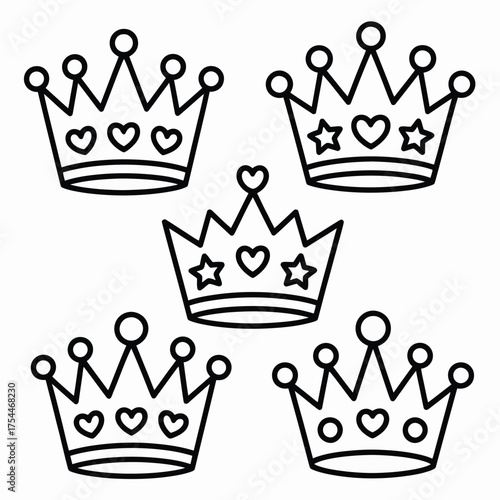 Cheerful illustrated vector coloring page featuring multiple royal crowns for creative projects scalable eps silhouette White background