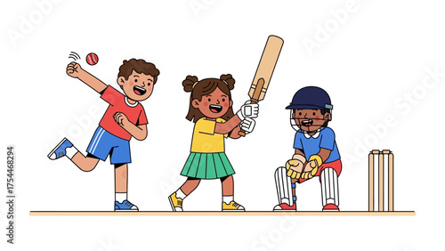 Cricket Kids: Playful illustration of children engaged in a lively cricket match, capturing the essence of teamwork, sporting spirit and outdoor activity.