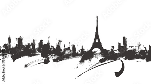 Paris skyline silhouette in expressive black ink brush stroke art featuring Eiffel Tower landmark