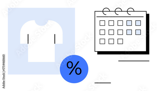 White shirt silhouette, blue discount percentage icon, and calendar with highlighted dates. Ideal for sales, discounts, promotions, e-commerce, planning, scheduling seasonal sales simple flat