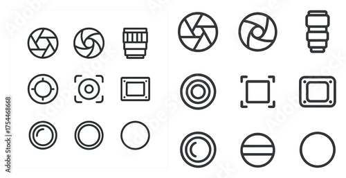 Photography line icons set – outline, camera, lens and shutter symbols
