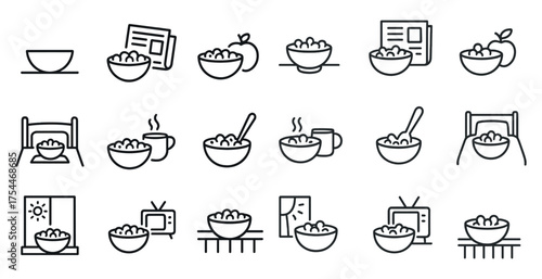 Breakfast and morning routine icons set – outline, line, daily meal symbols