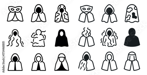 Mystery and disguise icons set – outline, silhouette, mystery symbols