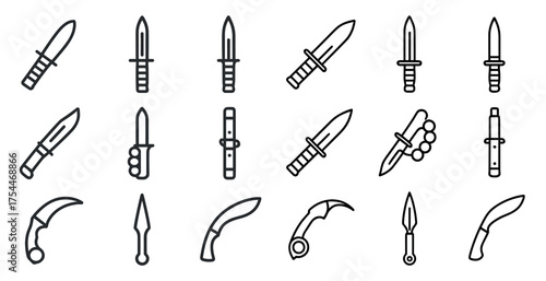 Combat knife silhouette icons set – outline, tactical, weapon symbols collection