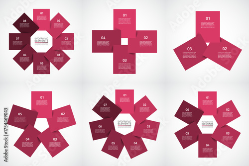 Set of creative infographic templates with 3, 4, 5, 6, 7 and 8 options, parts or processes.