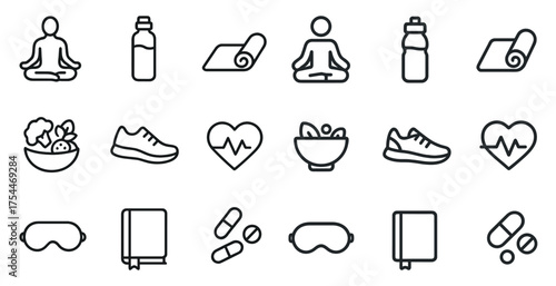 Yoga and wellness outline icons set – linear, fitness, meditation and health symbols