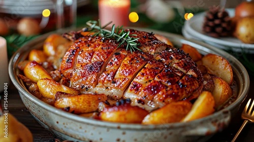 Slowpan of glazed roast pork with aromatic apples and festive decor on holiday table