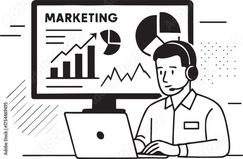 Man with headset works on laptop with marketing charts on screen