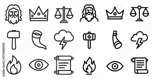 Viking mythology outline icons set – linear, norse, ancient symbols collection