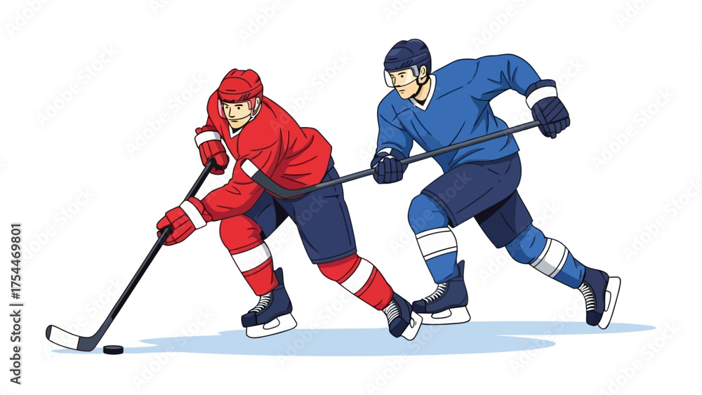 Fototapeta premium Ice Hockey Action: An illustration of two hockey players engage in a dynamic ice hockey game, showcasing the speed, skill, and intensity of the sport.