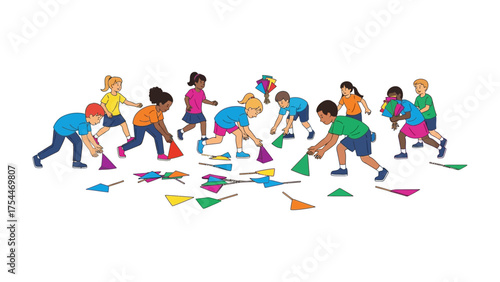 Playful Gathering: A vibrant group of young children, engaged in a collaborative activity, enthusiastically picking up colorful paper shapes, creating a scene of fun and coordination.