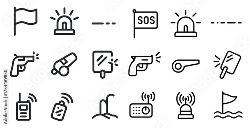 Emergency and safety icons set – outline, linear, alert and security symbols