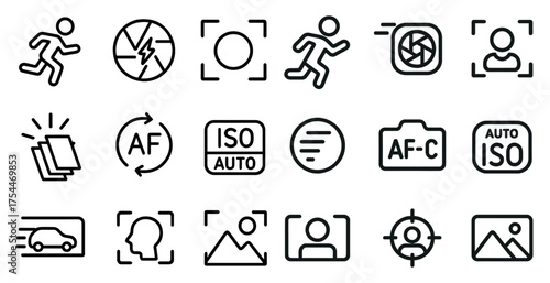 Photography settings line icons set – linear, outline, camera and lens symbols