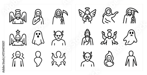 Halloween and mythical icons set – outline, linear, ghost and legend symbols