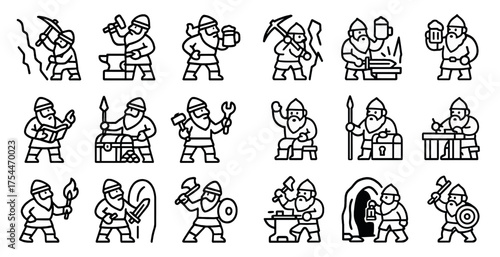 Viking and norse mythology outline icons set – linear, line, mythic warrior symbols