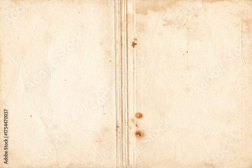 Old open vintage notebook cover texture isolated on white background. Old stained and distressed book binding with rust spots, liquid spill marks on yellowed brown parchment paper.