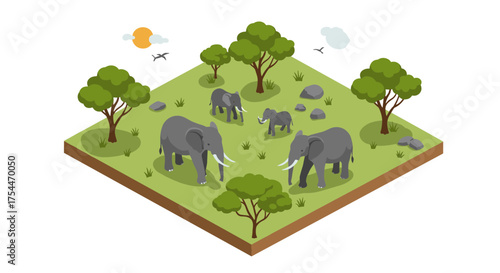 Isometric scene of elephants roaming in a forest