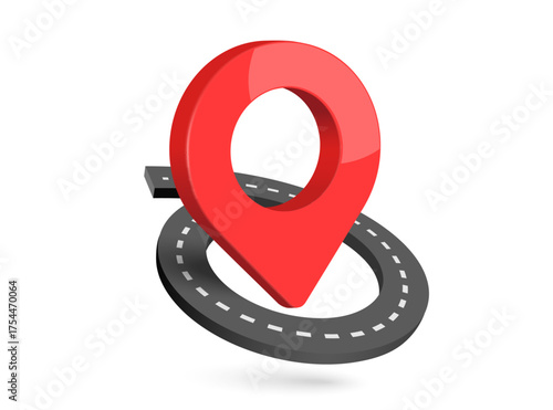 Red pin location is placed in center of a roundabout or curved road for advertising travel or transportation or delivery related advertisements, vector 3d isolated on white background for design