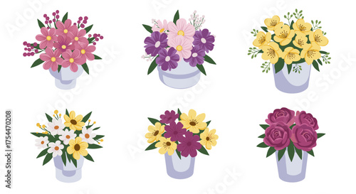 Collection of colorful floral arrangements in planters on white background