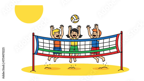 Beach Volleyball Fun: a bright illustration capturing three young volleyball players mid-air, striving to return the ball over the net.